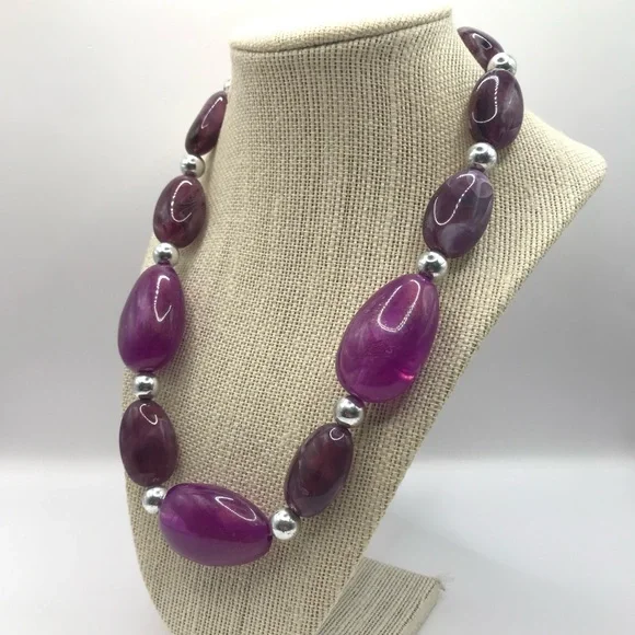 Chunky Purple Acrylic & Silver-Tone Bead Necklace - Picture 3 of 7